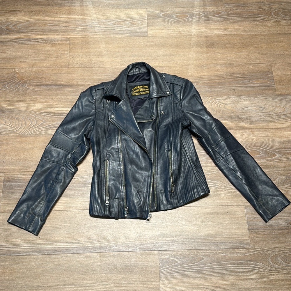 Blue leather Moto jacket - Picture 3 of 5
